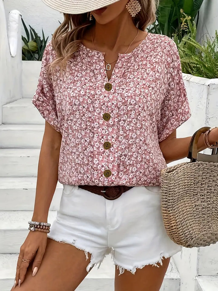 Annika | Damen Sommer Kurzarm Blusen-Top mit Knöpfen