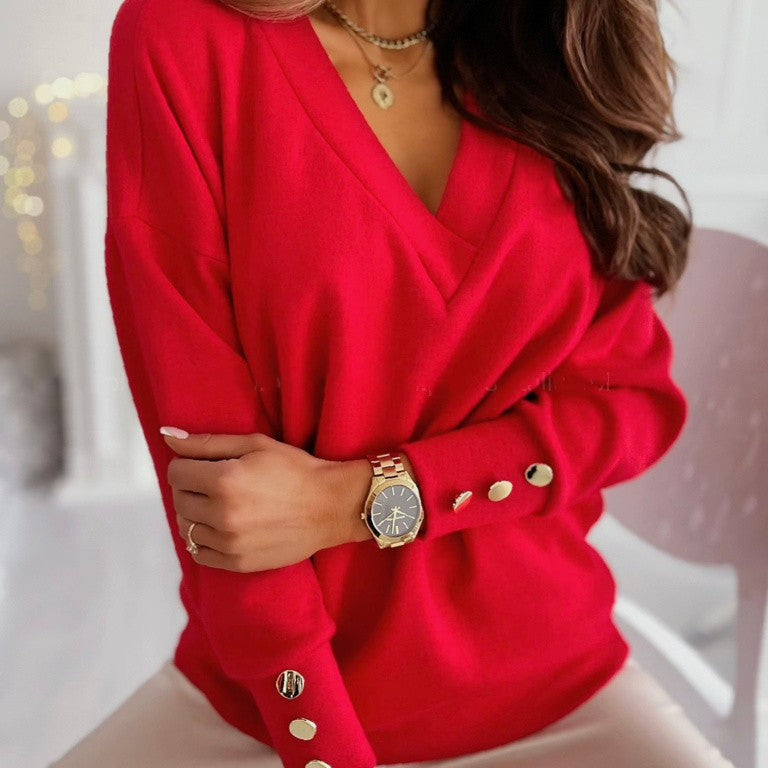 Damen V-Ausschnitt Pullover mit Knopfdetails an den Ärmeln