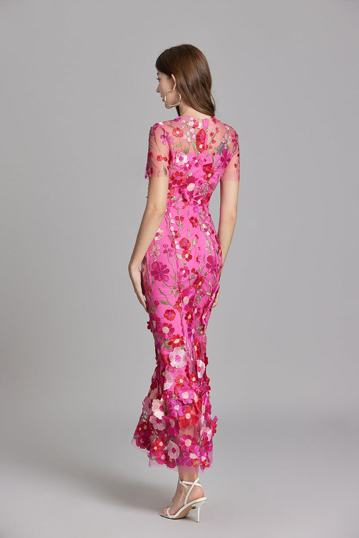 Verena | Damen Transparentes Maxikleid mit Blumenstickerei