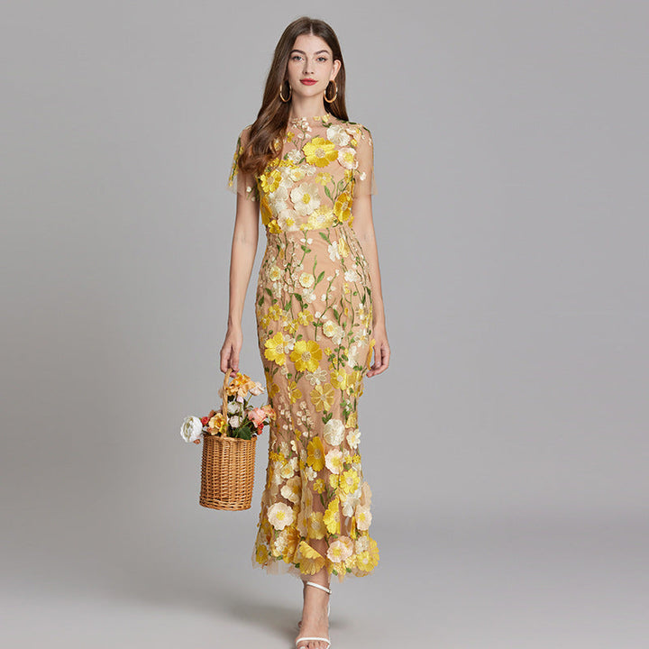 Verena | Damen Transparentes Maxikleid mit Blumenstickerei