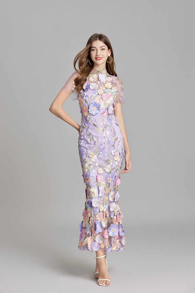 Verena | Damen Transparentes Maxikleid mit Blumenstickerei