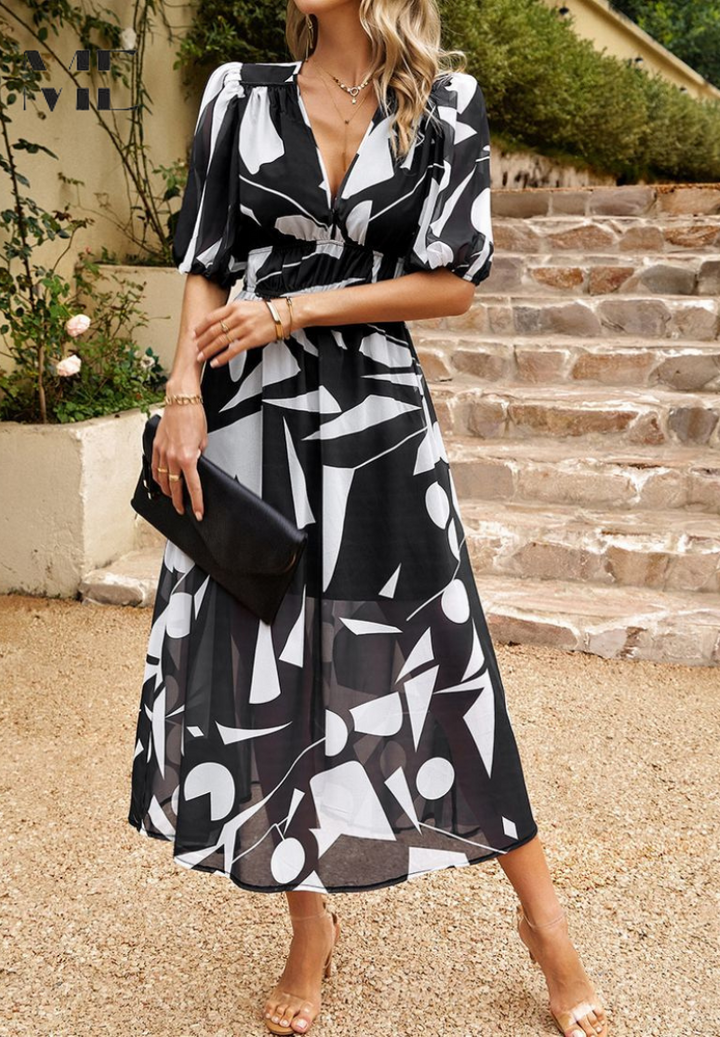 Doris | Damen Abstrakt Print Wickel Midi Kleid