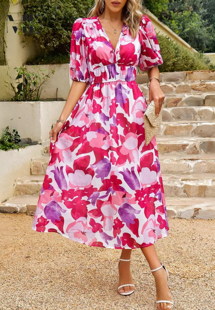 Doris | Damen Abstrakt Print Wickel Midi Kleid