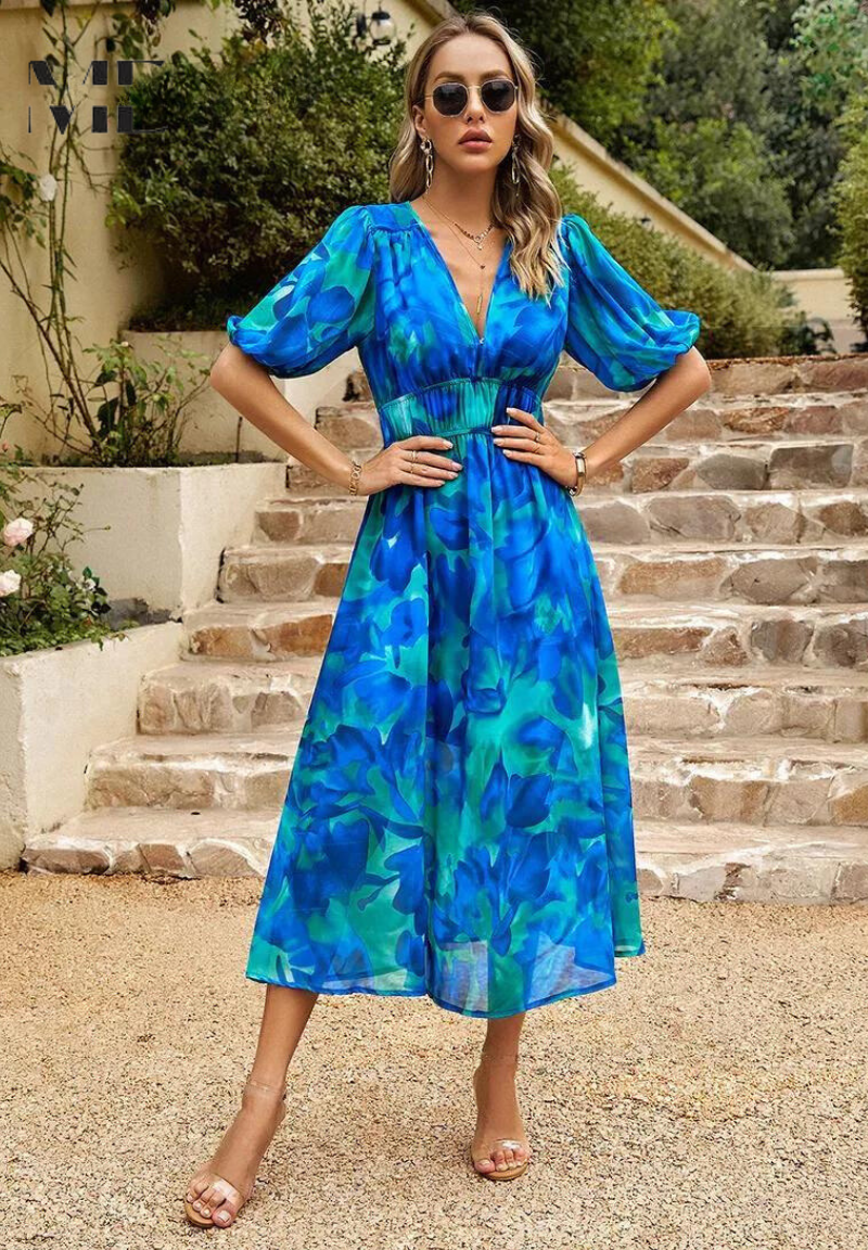 Doris | Damen Abstrakt Print Wickel Midi Kleid