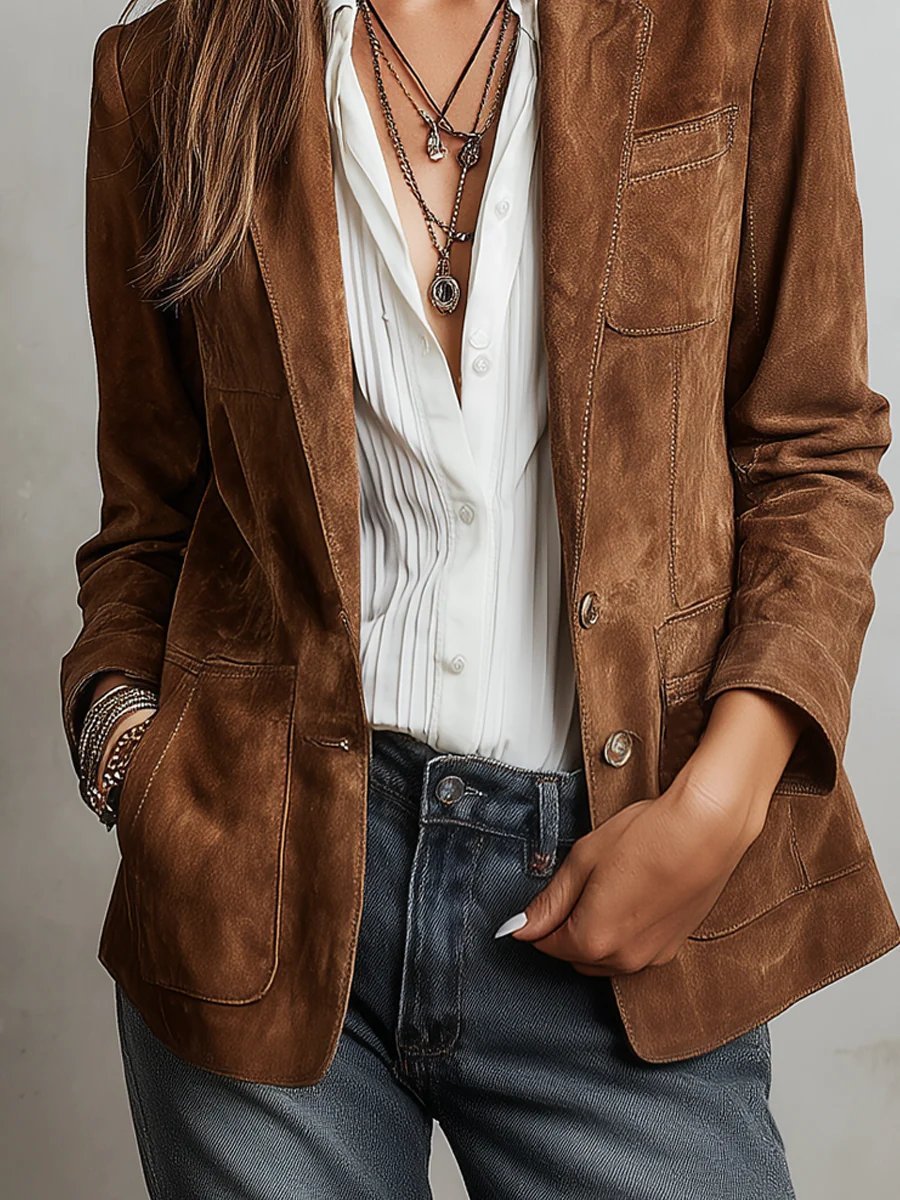 Emilia | Damen Cardigan Blazer Kunstwildleder Tailored-Fit Knopfleiste