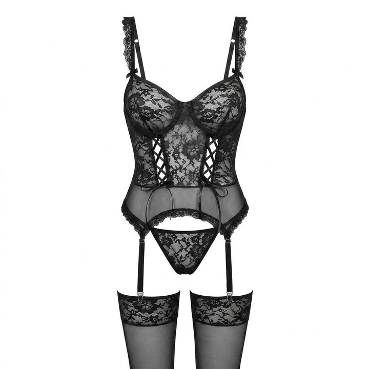 Sophie | Damen Spitzen-Korsett Dessous-Set mit Strumpfgürtel