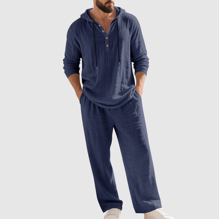 Felix | Herren Linen Hoodie Henley Zweiteiliges Freizeitset