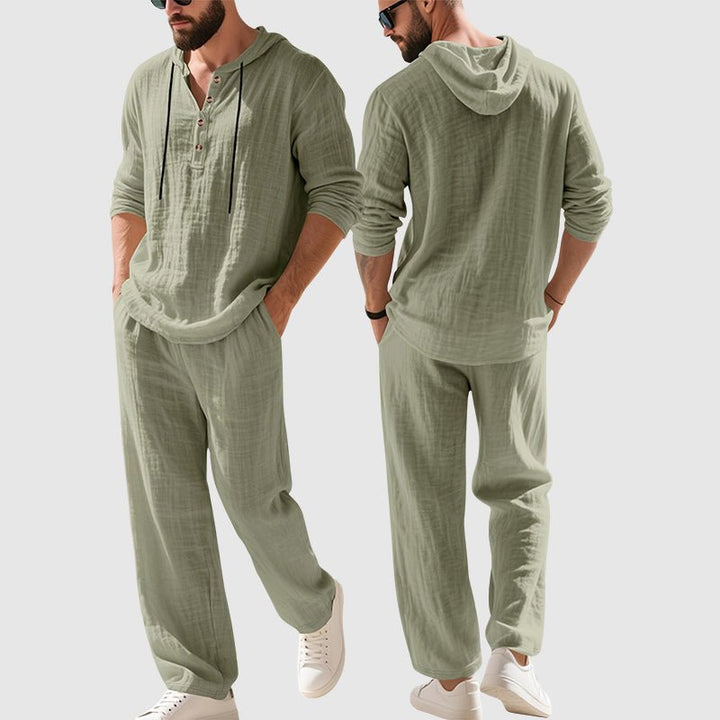 Felix | Herren Linen Hoodie Henley Zweiteiliges Freizeitset